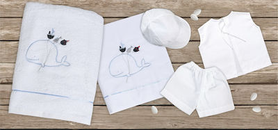 Mouchtaris Collection Baptism Towel Set Whale Λευκό