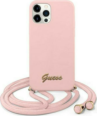 Guess Metal Logo Cord Plastic Back Cover with Strap Pink (iPhone 12 Pro Max)