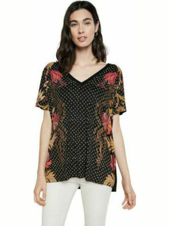 Desigual Damen T-shirt mit V-Ausschnitt Blumen Schwarz