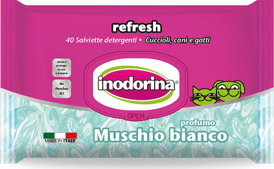 Inodorina Refresh 40 Dog & Cat Wipes for Body Cleansing with White Musk Scent Alcohol Free