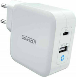 Choetech Încărcător Fără Cablu GaN cu Port USB-A și Port USB-C Albς (PD8002)