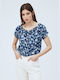 Pepe Jeans Erika Women's Summer Crop Top Cotton Short Sleeve Floral Blue