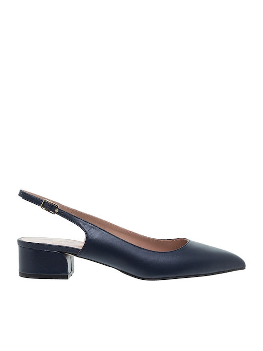 Mourtzi Leather Pointed Toe Navy Blue Low Heels with Strap