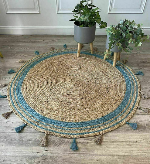 Klonaras Rivoli Handgefertigt Teppich Rund Sommer aus Jute Petrol
