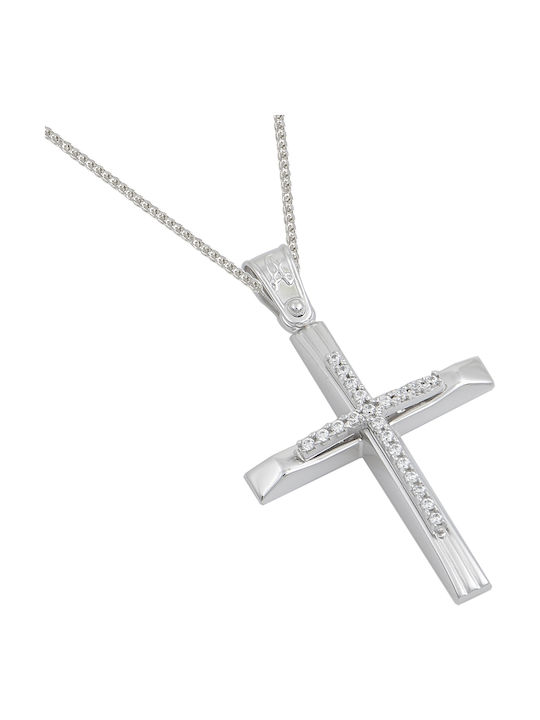 BAPTISMAL CROSS IN WHITE GOLD 14 CT WITH CHAIN FOR WOMEN WITH ZIRCONIUM SPOON F068