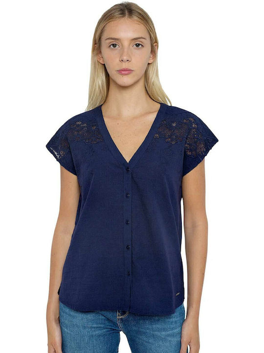 Nicola Women's Summer Blouse Short Sleeve with V Neckline Floral Blue