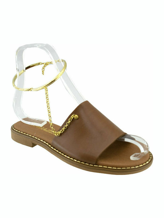 Ragazza Leather Women's Flat Sandals Anatomic with Strap in Tabac Brown Color