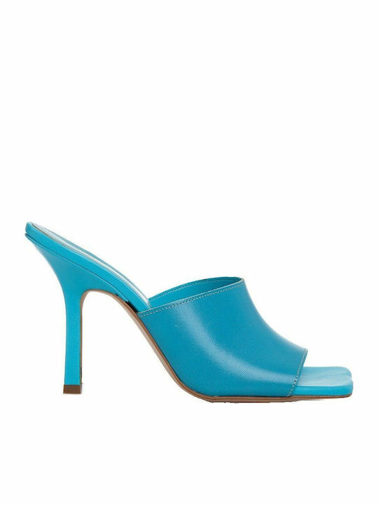 Leather Mules with Thin High Heel in Blue Color