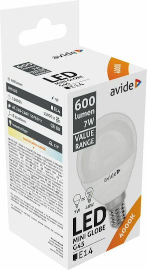 Avide ABBMG14NW-7W LED-Lampe 7W für Fassung E14 und Form P45 Naturweiß 600lm
