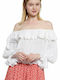 Funky Buddha Women's Summer Blouse Cotton Off-Shoulder Long Sleeve White