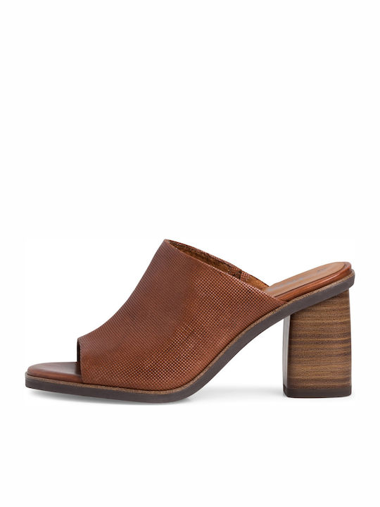 Tamaris Δερμάτινα Mules με Χοντρό Ψηλό Τακούνι σε Ταμπά Χρώμα