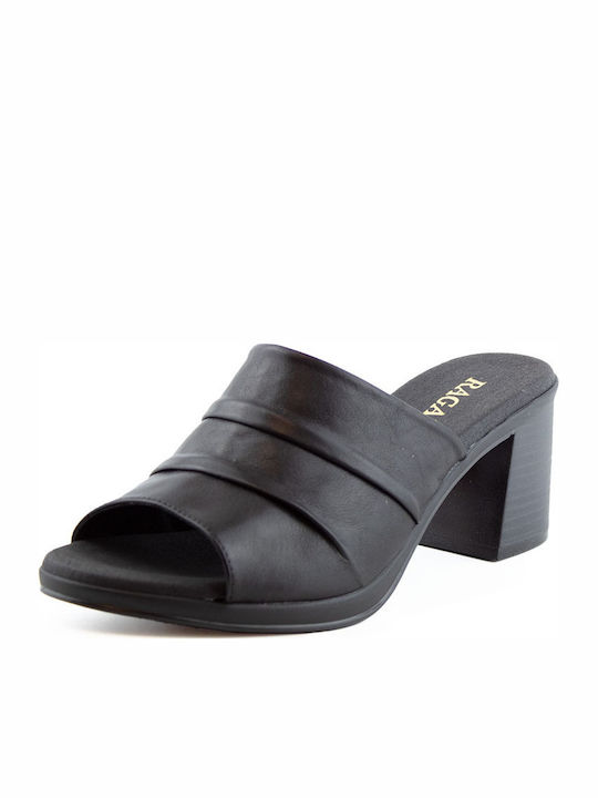 Leather Mules with Chunky High Heel in Black Color