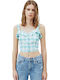 Valentina Γυναικείο Καλοκαιρινό Crop Top Βαμβακερό με Τιράντες Καρό Τιρκουάζ