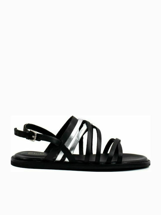 Karsea Leather Women's Flat Sandals with Strap in Black Color