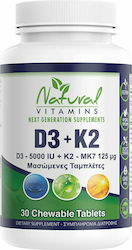 Natural Vitamins D3 5000IU + K2 125μg Vitamin for Immune System Boost 30 chewable tabs