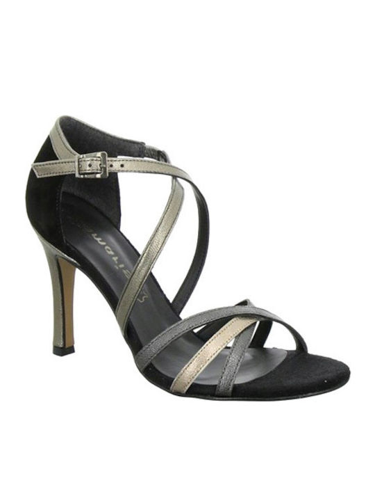 Tamaris Suede Women's Sandals with Thin High Heel In Black Colour