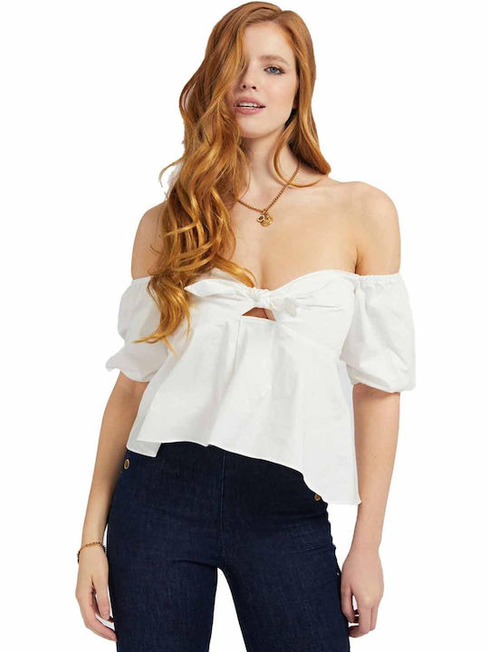 Γυναικεία Καλοκαιρινή Μπλούζα Βαμβακερή Off-Shoulder Κοντομάνικη Λευκή
