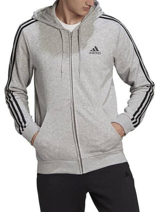 Adidas Essential 3 Stripes Men's Sweatshirt Jacket with Hood and Pockets Gray