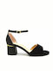 Suede Women's Sandals with Ankle Strap Black with Chunky Medium Heel