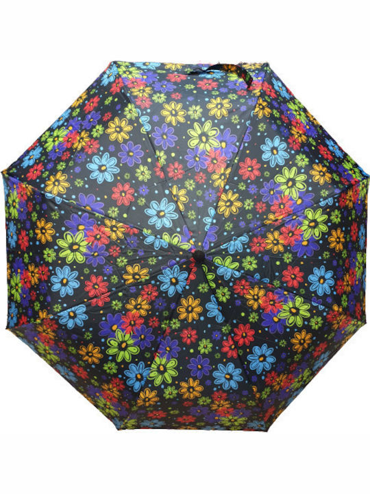 Ομπρέλα ΑΝΤΙΑΝΕΜΙΚΗ mini 3σπαστη αυτόματη 55cm, σκελετός fiberglass-μαύρη με πολύχρωμα λουλούδια