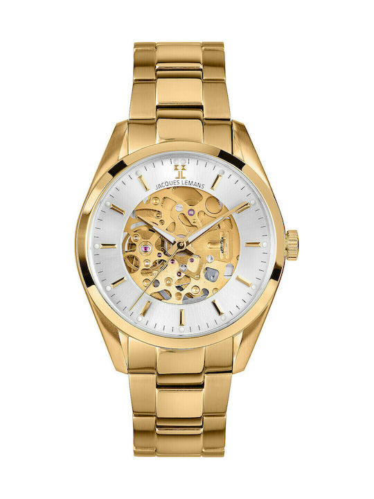 Jacques Lemans Derby Ανδρικό Ρολόι 40mm Αυτόματο με Χρυσό Μεταλλικό Μπρασελέ