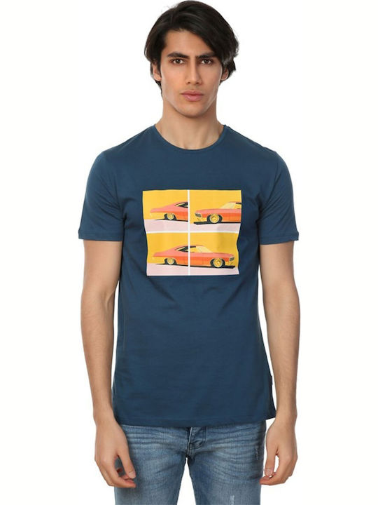 John Frank The Car T-shirt Bărbătesc cu Mânecă Scurtă Albastru Petrol