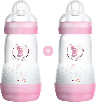 Mam Plastic Bottle Set Easy Start Anti-Colic Combi-Pack Anti-Colic with Silicone Nipple for 2+ months Pink Seahorses 260ml 2pcs