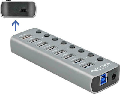 DeLock USB 3.2 Hub 9 Θυρών με σύνδεση USB-A & Θύρα Φόρτισης και Εξωτερική Παροχή Ρεύματος Γκρι