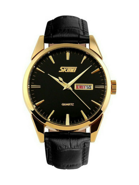 Skmei Ρολόι 9073 με Δερμάτινο Λουράκι σε Μαύρο/Χρυσό χρώμα
