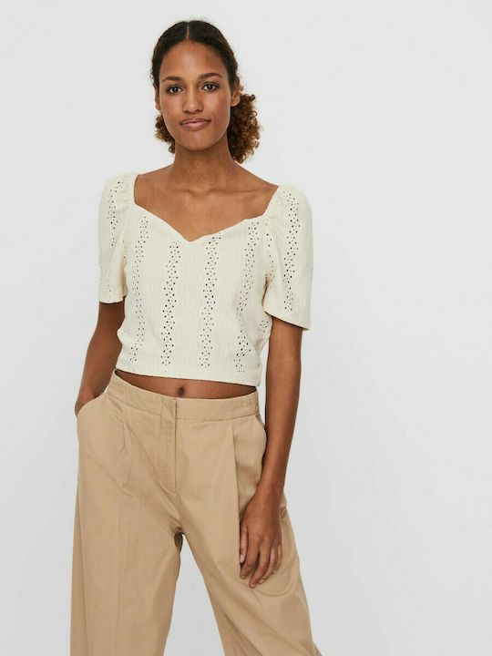 Vero Moda Damen Sommerliche Bluse Kurzärmelig mit V-Ausschnitt Beige