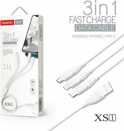 Tranyoo Regular USB to Lightning / Type-C / micro USB Cable Λευκό 1m (XS1)