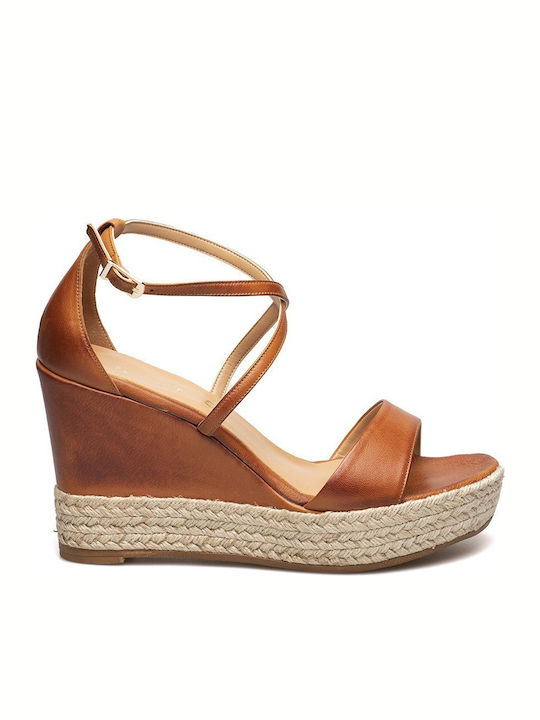 Women's Leather Ankle Strap Platforms Tabac Brown