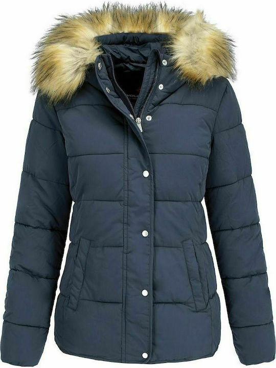 Volcano J-RAFI Longline Quilted Puffer Coat with Faux Fur Trim Hood - Navy