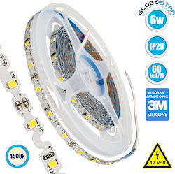 GloboStar Bandă LED Alimentare 12V cu Lumină Alb Natural Lungime 5m și 60 LED-uri pe Metru SMD2835
