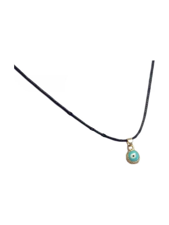 Necklace handmade black cord with pendant eye round turquoise and gold outline (tatu moyo) 1039-606