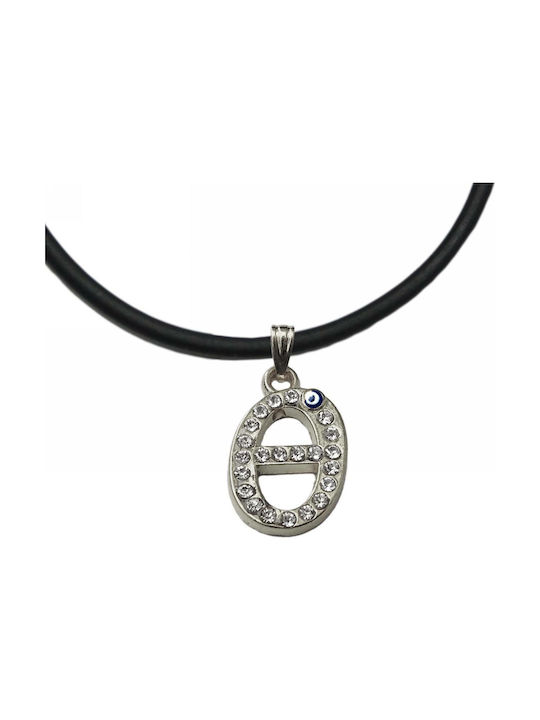 Handmade metallic necklace silver monogram Th with rhinestones and blue eye (tatu moyo) 1034-501AU