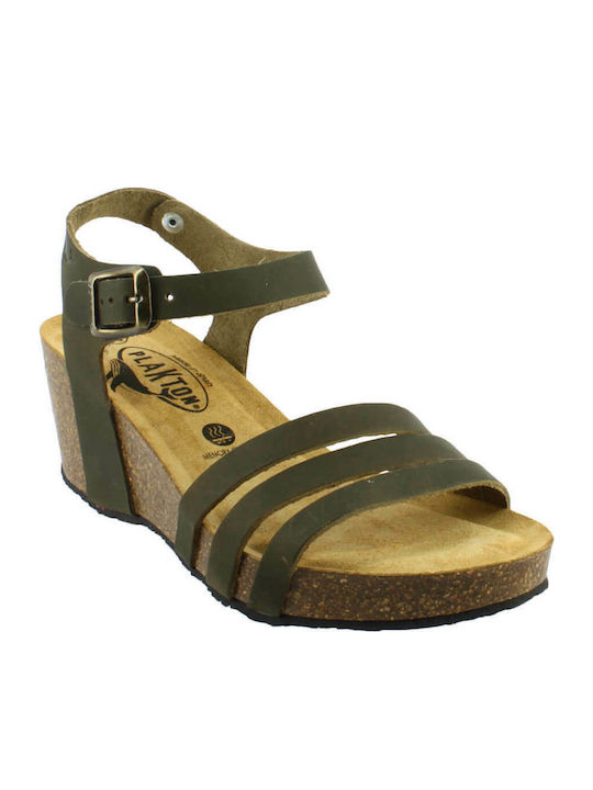 Women's Leather Ankle Strap Platforms Khaki