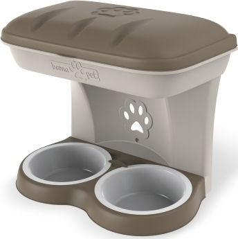 Bama Kunststoff Schale mit Behälter Futter & Wasser für Hund & Katze auf Basis von 2x 52cm in Braun Farbe