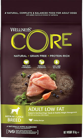 Wellness Core Low Fat Adult 10kg Dry Food Diet, Grain-Free for Adult Neutered Medium & Large Breed Dogs with Turkey