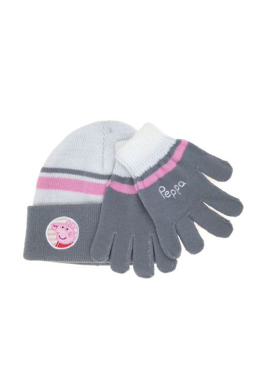 Peppa Pig Kinder Beanie Set mit Gestrickten Grau Handschuhen