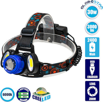 GloboStar Rechargeable Headlamp LED Waterproof IP54 with Maximum Brightness 3000lm XHP50 & COB