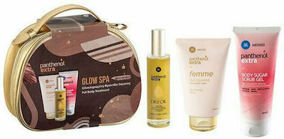 Medisei Panthenol Extra Glow Spa Skin Care Set for Moisturizing & Facial Cleaning with Body Scrub , Face Cleanser , Face Oil & Toiletry Bag