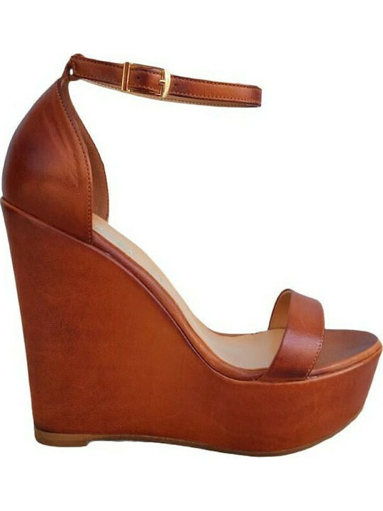 Women's Leather Ankle Strap Platforms Tabac Brown