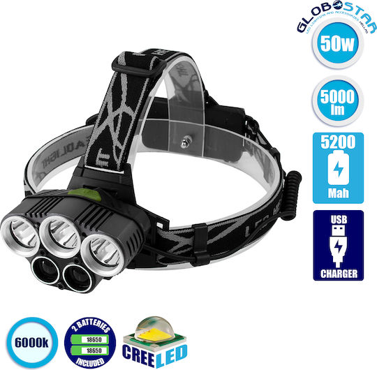 GloboStar Rechargeable Headlamp LED IP44 with Maximum Brightness 5000lm XML2-T6 Black