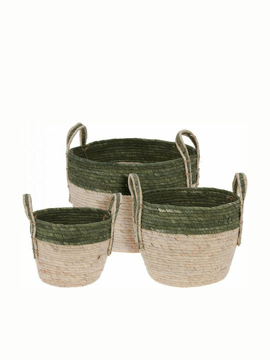 Zaros Set Coșuri Decorative Din Paie Cu Mânere Verde Măsliniu 3 Bucăți