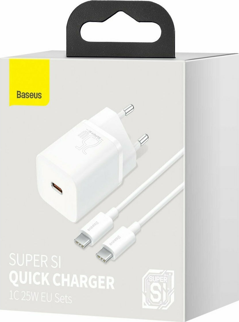 Baseus Γρήγορος Φορτιστής Super Si 1C 25W με Καλώδιο USB-C σε USB-C 1m (Λευκό)