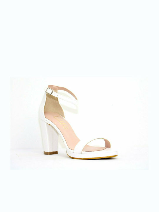 Ellen Women's Sandals with Ankle Strap White with Chunky High Heel