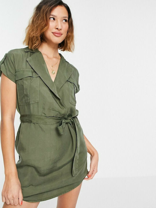 Sommer Mini Kleid Wickel Khaki