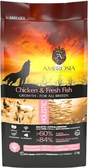 Ambrosia Chicken & Fresh Fish Growth All Breeds 6кг Суха Храна без Зърнени храни за Кученца с Пилешко и Риба