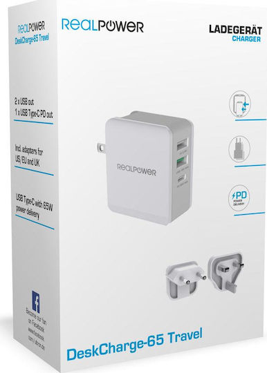 RealPower Φορτιστής Χωρίς Καλώδιο με 2 Θύρες USB-A και Θύρα USB-C Λευκός (306837)